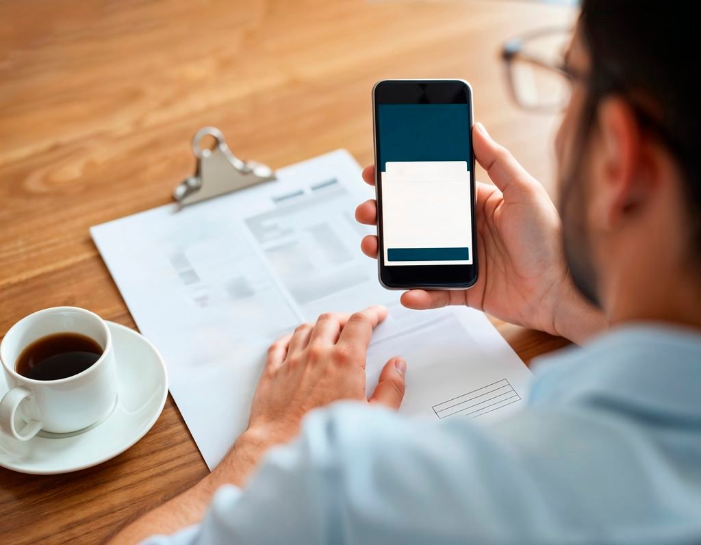 man reviewing documents phone